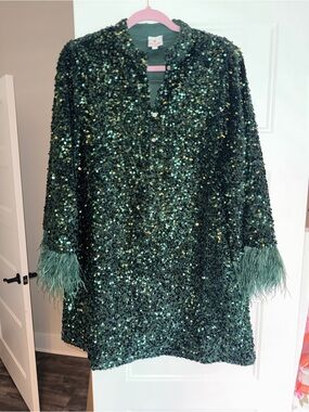 J.Marie Green Sequin Feather Cuff Tunic dress